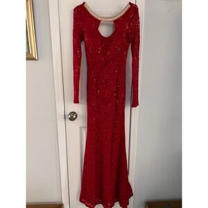 La Scala Elegant Maxi Chico Dress Women S Rhinestone Sequin Lace Long Sleeve Red